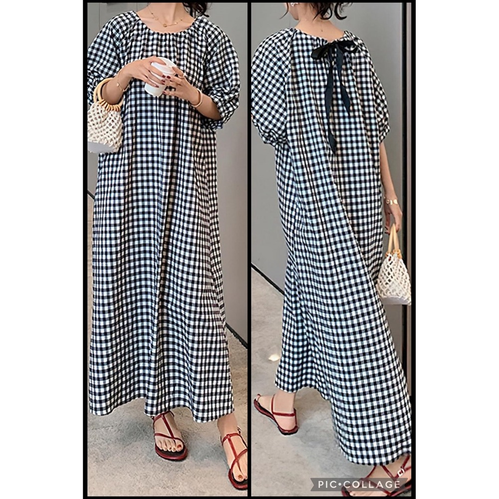 Gingham Cotton Relaxed Bishop Puff Sleeve Ribbon Tie Dress XL Black White Plaid